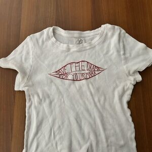 White Tee with Red Embroidered Lips Design